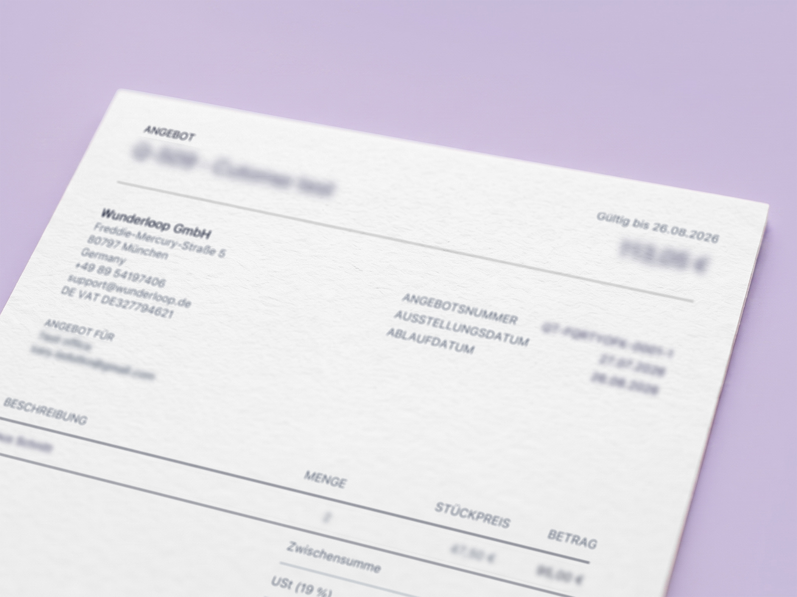 Angebot mit Positionstabelle, Zwischensumme und Umsatzsteuerzeile